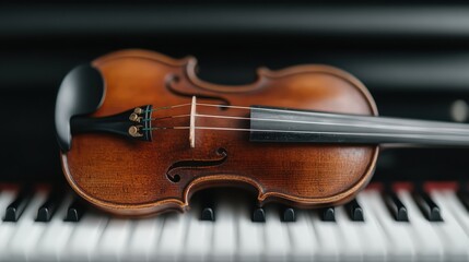 Fototapeta premium An image featuring a violin resting gracefully on piano keys, symbolizing a blend of string and keyboard instruments, perfect for music and art enthusiasts.