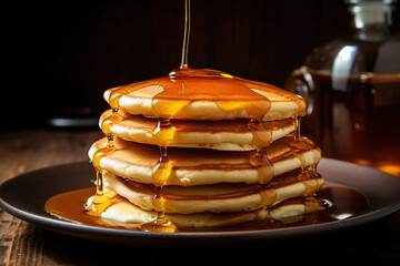 Stack of delicious pancakes topped with butter and syrup