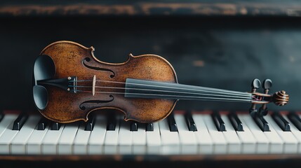 This image showcases an antique violin laid on a black-and-white piano keyboard, representing the timeless nature of musical instruments and their artistic value.