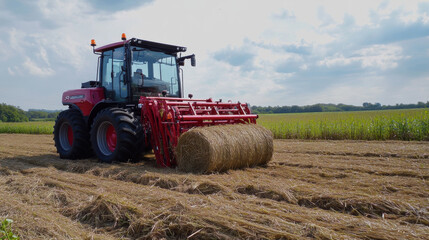 Obraz premium image showcases red tractor working in field, compressing straw into large bales. scene captures essence of agricultural machinery in action, highlighting importance of modern farming techniques