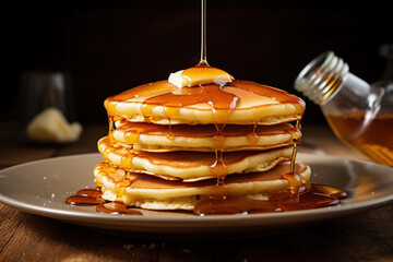 Stack of delicious pancakes topped with butter and syrup