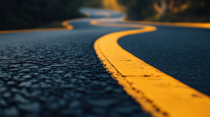 winding road showcases smooth asphalt surface with vibrant yellow line, inviting drivers to navigate its curves. warm light enhances serene atmosphere of landscape