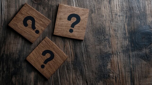 Three wooden tiles featuring black question marks neatly arranged on a rustic wooden surface, evoking themes of mystery, curiosity, and inquiry in a modern yet classic style.