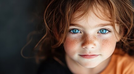 A close-up portrait capturing a young girl with vivid blue eyes and freckles, highlighting her natural beauty and innocent demeanor under soft focus lighting.