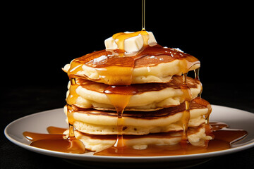 Stack of delicious pancakes topped with butter and syrup