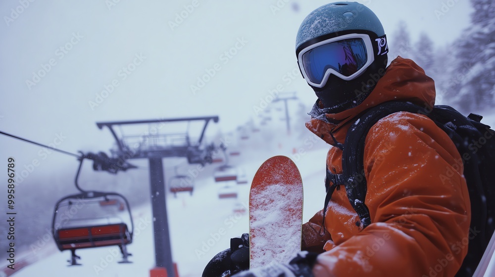 Wall mural A skier in a red jacket and black helmet sits on a chairlift, looking out at the view.