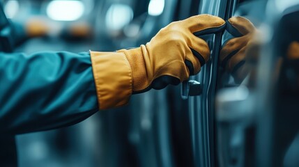 The image features a worker's gloved hand manipulating a car door mechanism, emphasizing the worker's involvement and the intricate operations within the automobile production process.