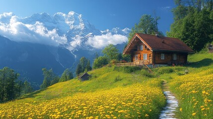 Fototapeta premium Scenic mountain landscape with a charming wooden house and flowers.