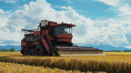 Fototapeta premium combine harvester in rice field under blue sky with clouds, showcasing agricultural machinery at work. vibrant yellow rice contrasts beautifully with red machine