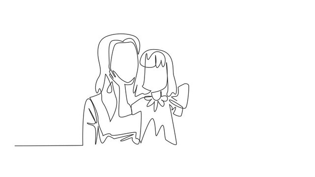 Self drawing animation of continuous one line drawing a family relaxing, daughter holding parents' cheeks. Fun when gathering. Provide understanding. Forgive Mom and Dad Day. Full length animated
