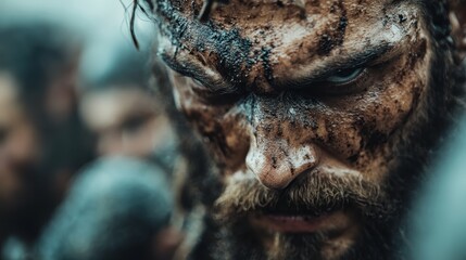 Obraz premium A crowded scene with many blurred faces, focusing on a single man who looks determined and serious. The atmosphere suggests intensity and focus amidst chaos.