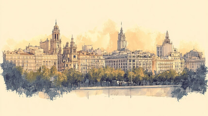 Fototapeta premium Valencia, Spain, color pen pencil hand-drawn effect drawing illustration for travel poster, card, wallpaper, backdrop or banner. Modern, clear, artistic and simple