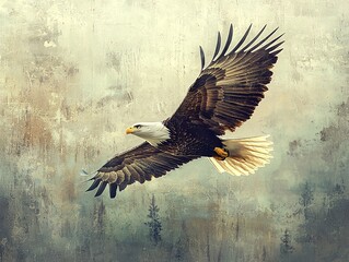 Majestic bald eagle soaring through the sky, showcasing its powerful wings and keen gaze in a beautiful natural setting.