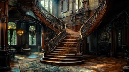 Obraz premium Ornate Wooden Staircase in a Grand Mansion Interior