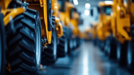 A detailed close-up view of industrial machinery featuring large tires and visible mechanical components, showcasing the complexity and strength of modern industrial equipment.