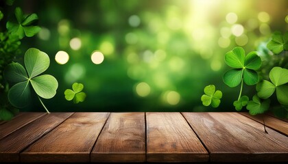 Empty wooden table and green clover Saint Patrick's Day background. An empty round podium on a background of green leaves.  lush clover leaves, perfect for festive Saint Patrick's Day decor.