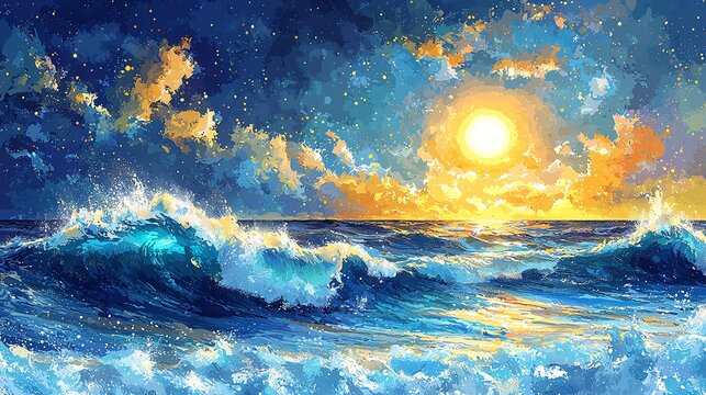 Stunning digital artwork of a vibrant ocean sunset with dramatic waves and a colorful sky, evoking a sense of serenity and natural beauty.