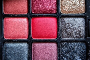 Fototapeta premium Vibrant pink and red toned eyeshadow palette in sleek black packaging for bold and glamorous makeup looks