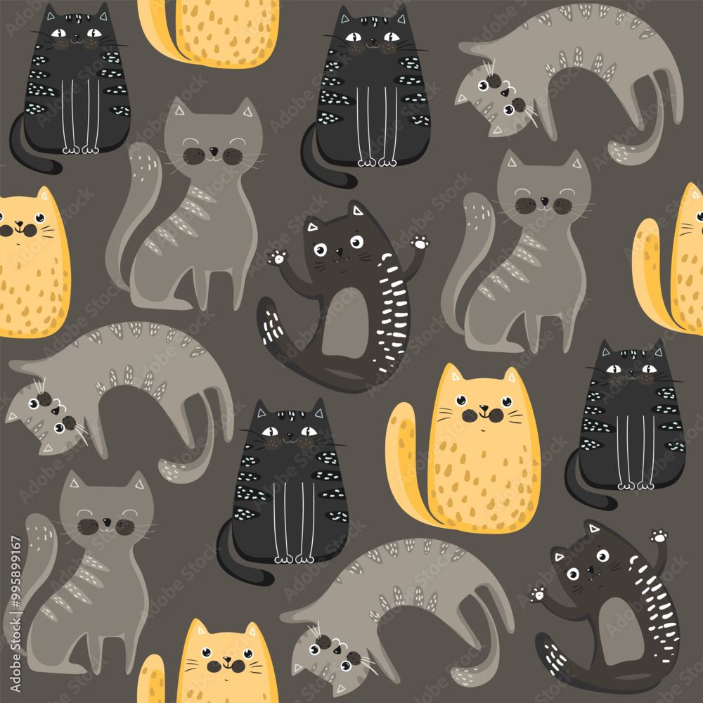 Wall mural seamless pattern with cute grey and yellow colorful cats. funny childish texture in flat style, perf