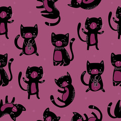 Cute seamless pattern with black Kittens on pink. Cat childish pattern for fabric, textile, wallpaper, cover and other. Vector Illustration