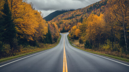 Naklejka premium winding road stretches through vibrant autumn landscape, surrounded by trees adorned in golden and orange foliage. scene evokes sense of tranquility and adventure