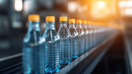 This image showcases a line of clear plastic water bottles with orange caps, placed neatly on a conveyor belt, inside a modern industrial production facility.