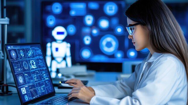A laboratory technician focused on her work reviews data on a laptop, illuminated by city lights outside the lab, showcasing a blend of technology and dedication