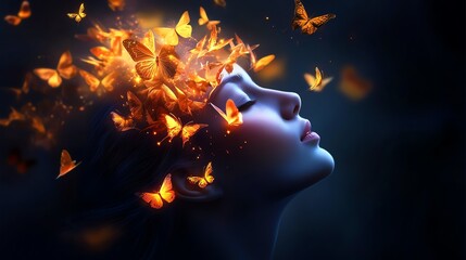 A serene woman with eyes closed, surrounded by glowing butterflies in a dark atmosphere, exuding a dreamlike and mystical aura.