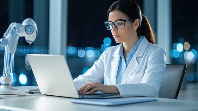 A laboratory technician focused on her work reviews data on a laptop, illuminated by city lights outside the lab, showcasing a blend of technology and dedication