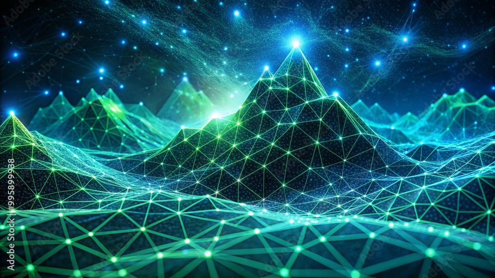 Poster digital representation of a network with interconnected lines and sparkling dots against a dark back