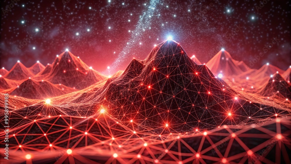 Poster digital representation of a network with interconnected lines and sparkling dots against a dark back