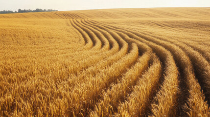 Golden wheat field with curved lines creating beautiful pattern under sunlight. serene landscape evokes sense of tranquility and abundance