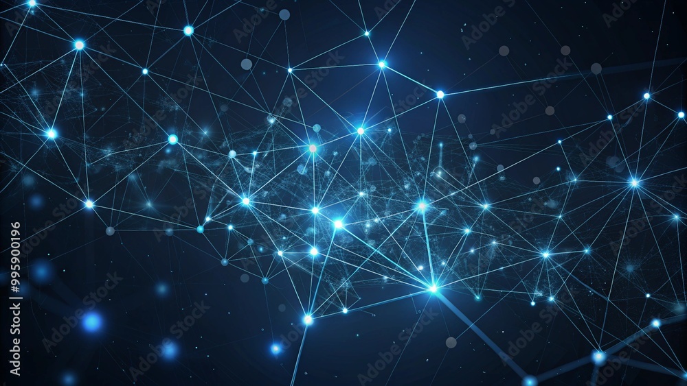 Poster digital representation of a network with interconnected lines and sparkling dots against a dark back