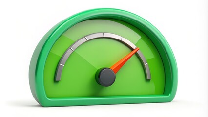 3d illustration of a green speedometer with the needle pointing high speed