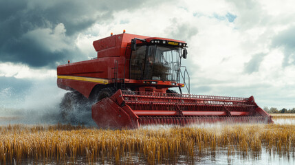 Obraz premium red floating combine harvester operates in rice field, showcasing its powerful machinery amidst backdrop of dramatic clouds. scene captures essence of agricultural innovation and productivity