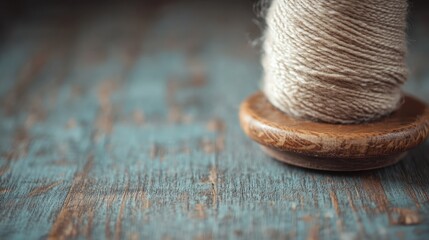 An artistic image of beige yarn neatly wrapped around a wooden spool, placed on a textured wooden surface, exuding a rustic and crafty handmade feel.