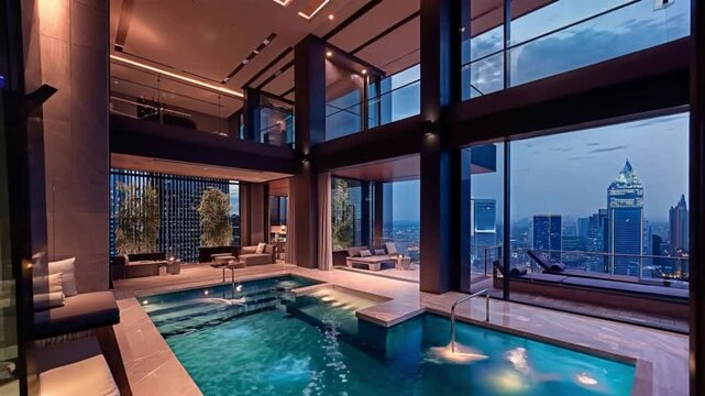 Overview of upscale luxury apartment interior with indoor pool and city skyline view at twilight through glasses. Sophisticated indoor swimming facility with panoramic cityscape.
