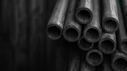 A monochromatic image displaying hollow steel rods arranged in an aesthetically pleasing manner, highlighting the industrial material and structural elements in a rustic style.