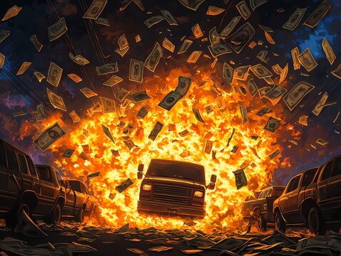 Dramatic explosion scene with money flying in the air, showcasing a van engulfed in flames amidst parked cars at dusk.