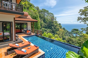 Obraz premium Luxury Villa with Infinity Pool, Sunbeds, and Breathtaking Ocean View, Perfect for Summer Vacation