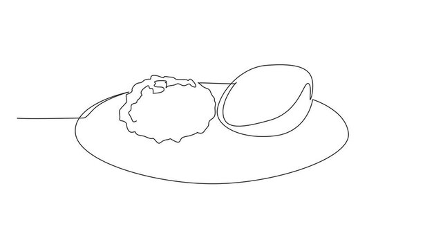 Animated self drawing of continuous one line drawing open sloppy joe on a round plate. Filled with savory minced beef. Close the top of the bread. Enjoy. National Sloppy Joe Day. Full length animation