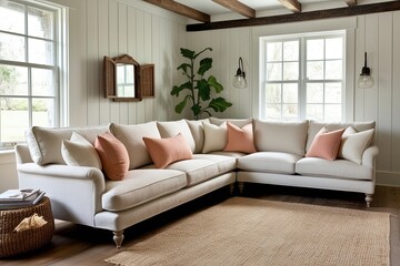Fototapeta premium Linen Sectional Sofa with Cream and Peach Cushions in Cozy Rustic Cottage Living Room Decor