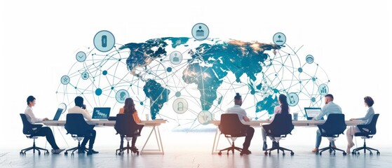 Image shows 8 people working at desks with computers. Global/digital theme implied by graphical world, icons. Modern collaborative work setting with focus on tasks.