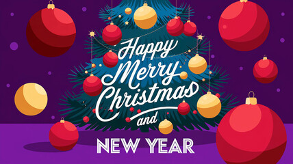 Illustration of a Merry Christmas and New Year card with a green Christmas tree adorned with red and gold ornaments decorations on purple background