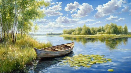 Obraz premium A beautiful painting of the Russian landscape, a small wooden boat on the river bank among birches and grasses, lily pads in the water, trees, a sunny day, a blue sky with clouds, bright colors