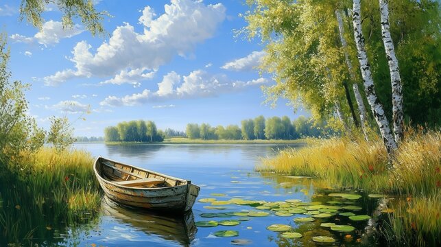 A beautiful painting of the Russian landscape, a small wooden boat on the river bank among birches and grasses, lily pads in the water, trees, a sunny day, a blue sky with clouds, bright colors