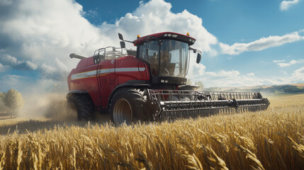 Obraz premium Harvesting wheat with modern red combine harvester in golden field under bright blue sky. machine efficiently cuts through crops, showcasing agricultural technology