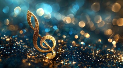 Close-up golden music note surrounded by sparkling lights against a glittery blue and gold backdrop. Vibrant and dynamic image with colorful abstract elements.