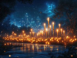 Obraz premium Elegant Hanukkah candle lighting ceremony illustrations to inspire your own menorah lighting traditions