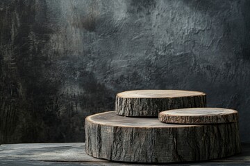 Fototapeta premium Background for products cosmetics, food or jewellery. Rustic wood pieces podium. Front view with generative ai